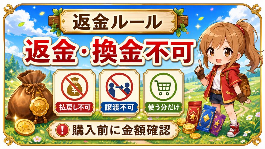 ポイント購入後の返金や換金不可を示す図解