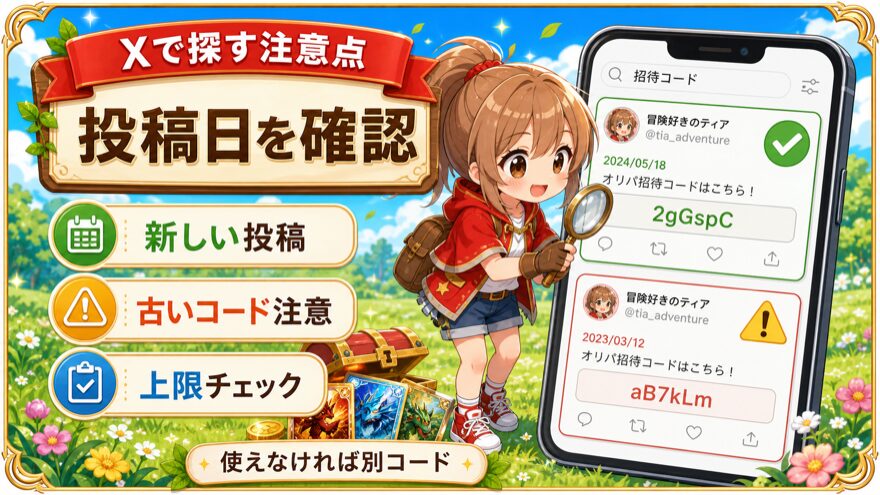 オリパワン招待コードをXで探す注意点を示す図解