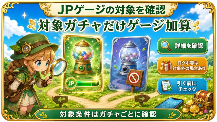 DOPAのJPゲージ対象ガチャを確認する流れを示す図解