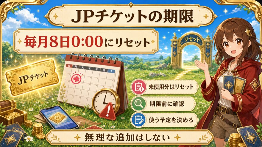 DOPAのJPチケットが毎月8日0時にリセットされることを示す図解