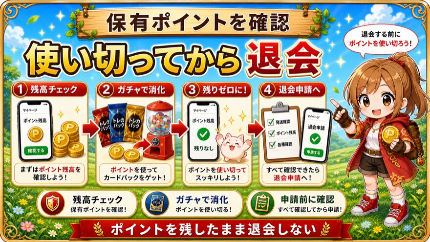 アイリストレカ退会前に保有ポイントを使い切る流れを示す図解