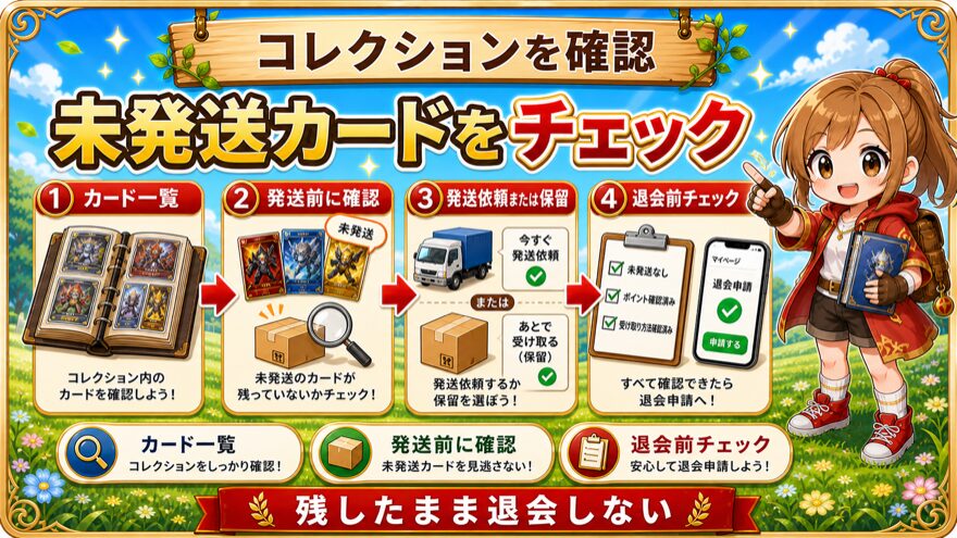 アイリストレカ退会前にコレクション内の未発送カードを確認する図解