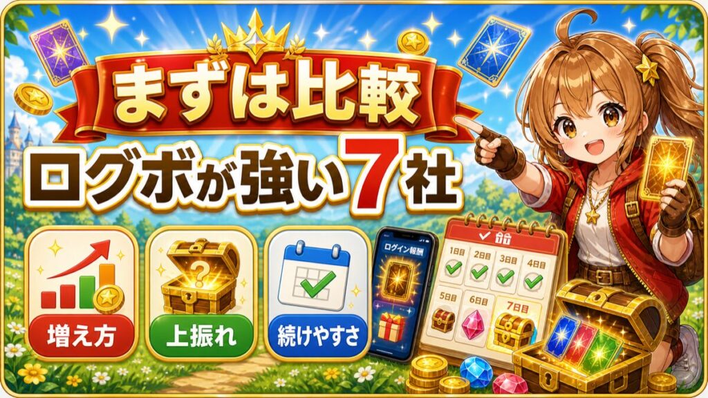 ログインボーナスが強いオンラインオリパ7社の比較図解
