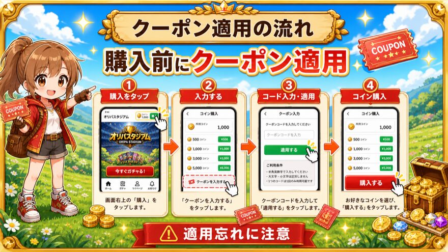 オリパスタジアムのクーポン適用の流れ図解