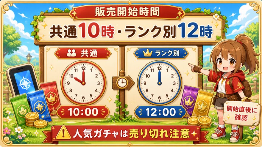 DOPAジャックポットガチャの共通10時とランク別12時の販売開始時間を示す図解