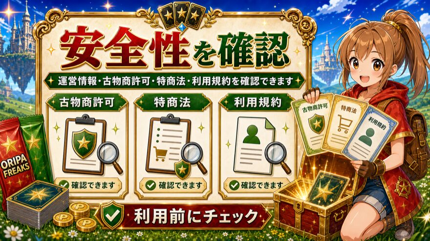 オリパフリークスの古物商許可・特商法・利用規約を確認できることを示した図解