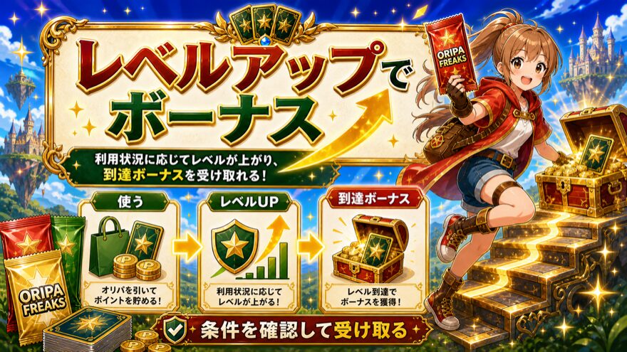 オリパフリークスでレベルアップすると到達ボーナスを受け取れることを示した図解