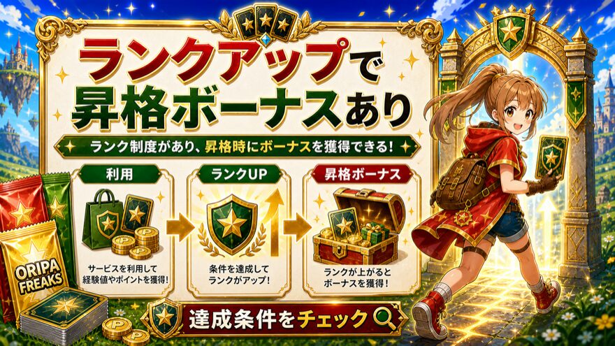 オリパフリークスのランクアップで昇格ボーナスを獲得できることを示した図解
