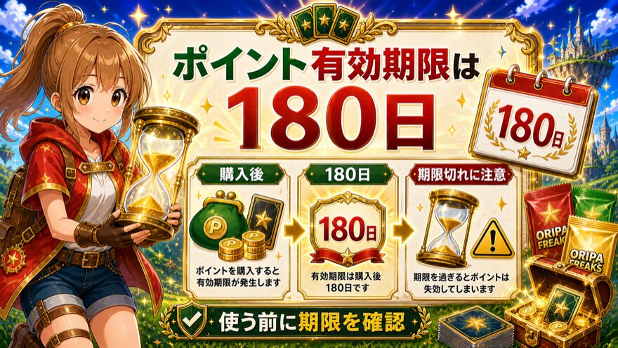 オリパフリークスのポイント有効期限が180日であることを示した図解