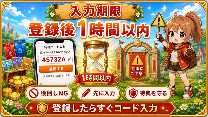 ポケットクロス招待コードの入力期限1時間以内を示す図解
