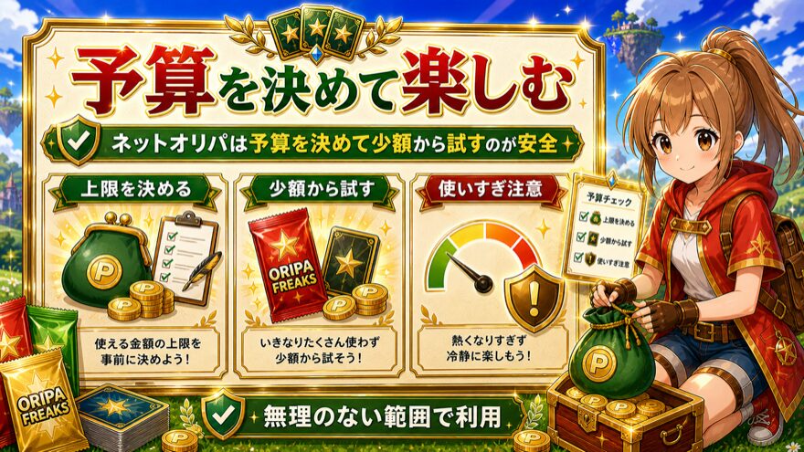 オリパフリークスを使いすぎないよう予算を決めて少額から試すことを示した図解