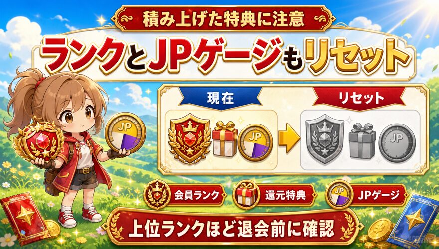オリパワン退会時の会員ランクとJPゲージリセットを示す図解