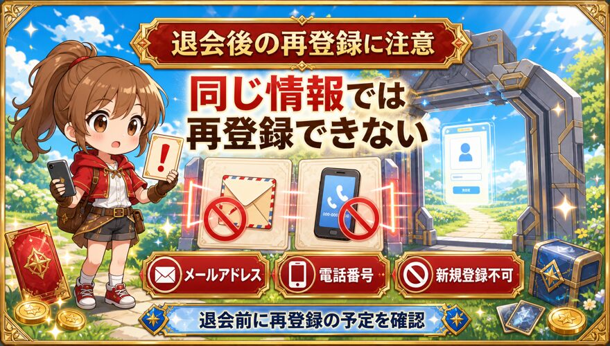 オリパワン退会後に同じ情報で再登録できないことを示す図解