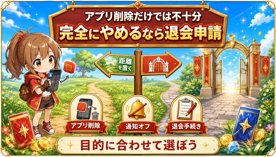 オリパワンのアプリ削除と退会申請の違いを示す図解