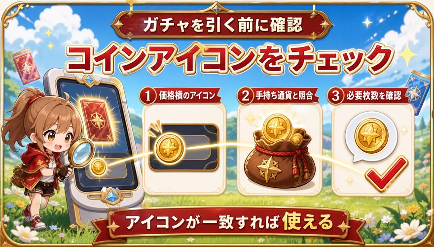 オリくじのガチャ画面でコインアイコンを確認する方法