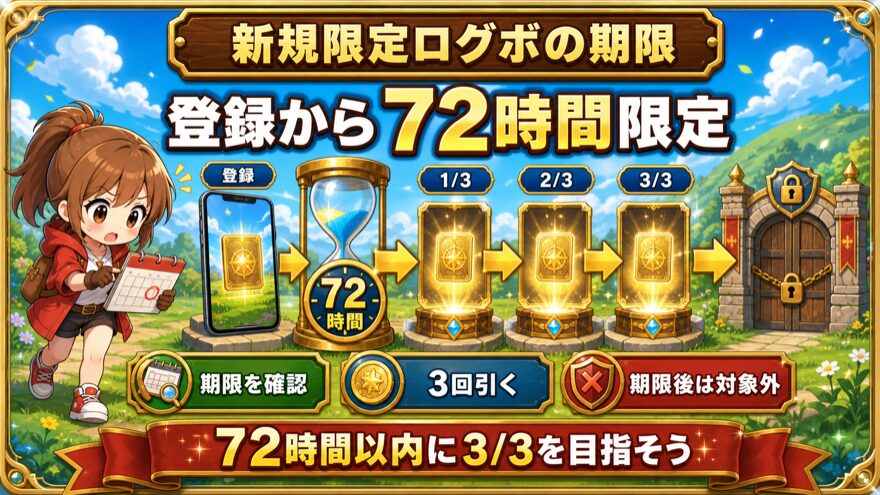 エクストレカの新規限定ログインボーナスが登録から72時間限定であることを示す図解
