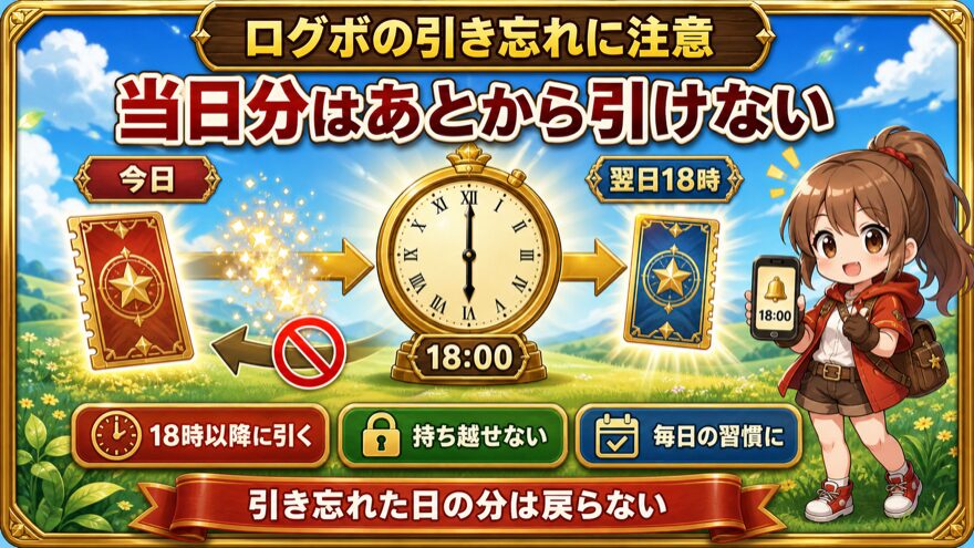 エクストレカのログインボーナスを引き忘れると当日分を後から引けないことを示す図解