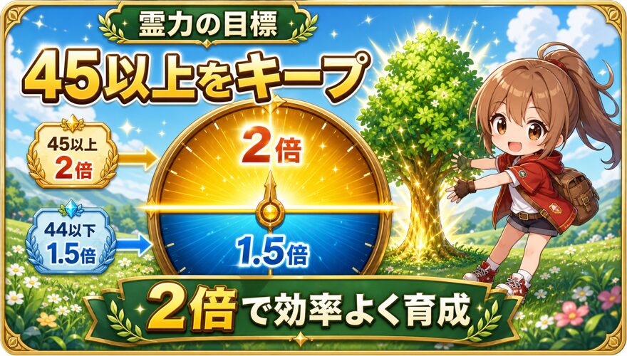 オリくじファームの霊力45以上で成長速度2倍