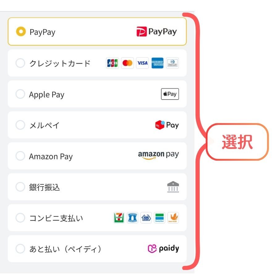オリパワンで支払い方法を選択して購入する画面