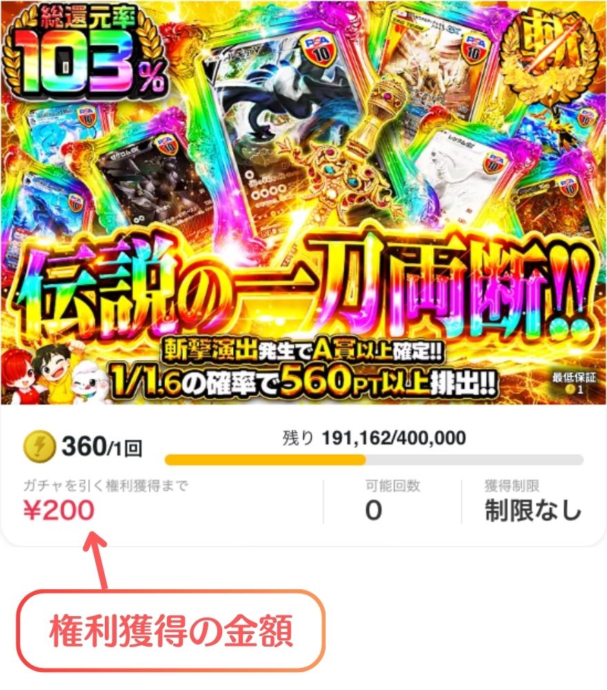 DOPA課金限定ガチャのバナーで権利獲得金額の見方を示す図解