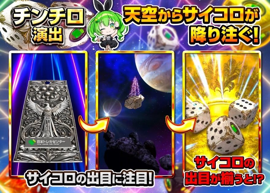 日本トレカセンターのチンチロ演出の流れ(天空からサイコロが降り注ぐ)