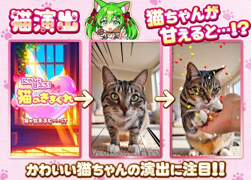日本トレカセンターの猫演出の流れ(猫が甘えるとチャンス)