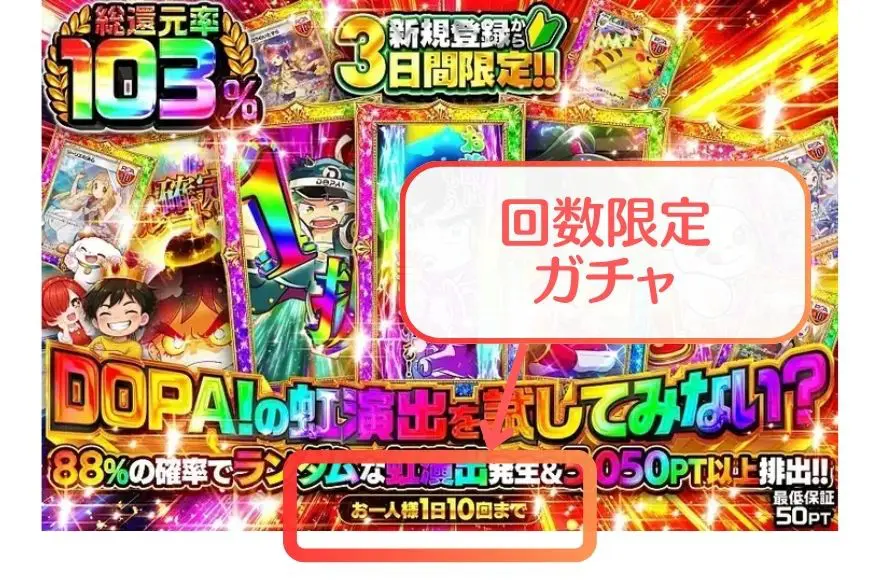 DOPAの回数制限ガチャでお一人様1日10回までの表示を示す図解