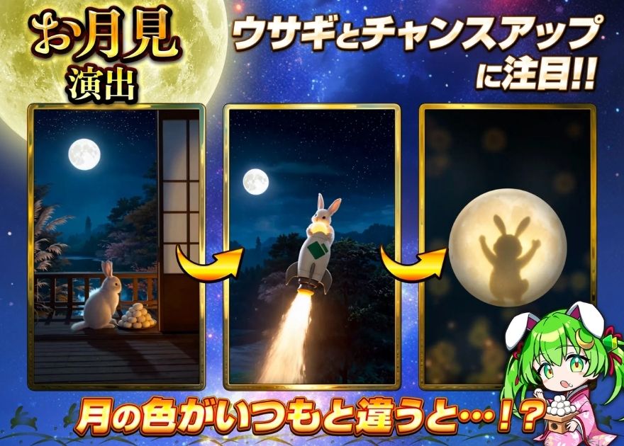 日本トレカセンターのお月見演出の流れ(月の色の変化に注目)