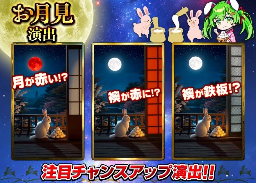 日本トレカセンターのお月見演出のチャンスアップ(月が赤い・襖が鉄板)