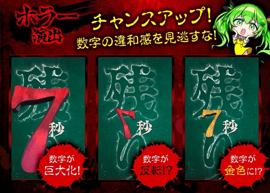 日本トレカセンターのホラー演出のチャンスアップ(数字の反転・金色)