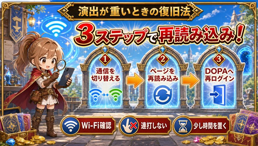 DOPAの演出が重いときに通信確認から再ログインする復旧手順