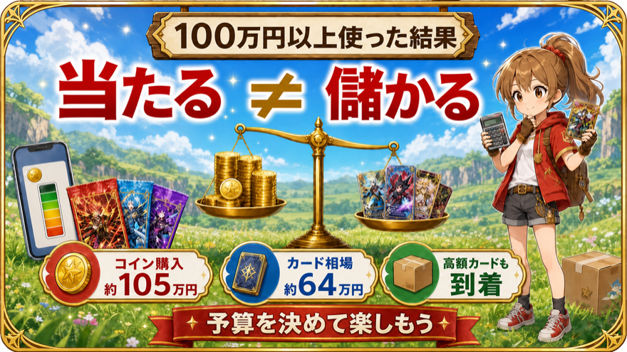 オリパワンのコイン購入額とカード相場を比較し、当選と利益は別だと示す図解
