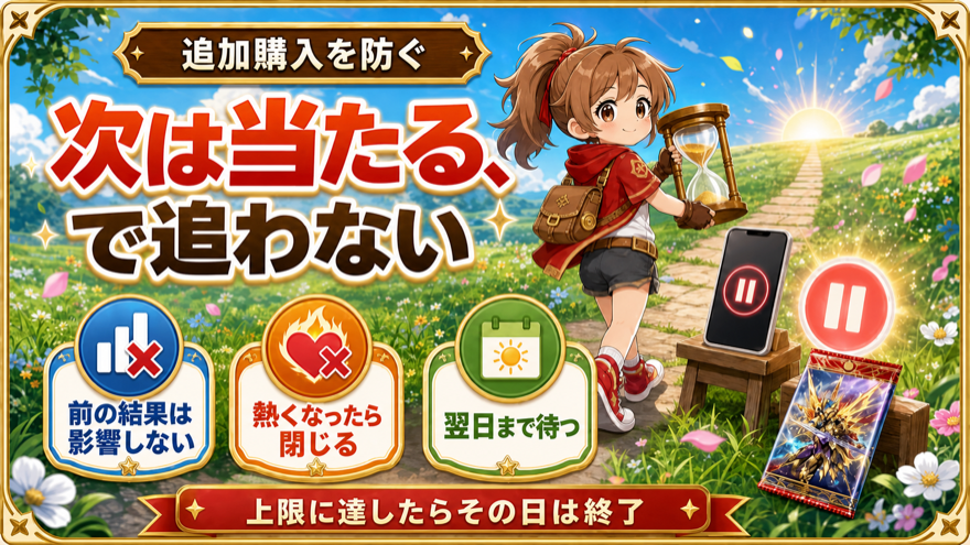 オリパワンで当たりを追ったコインの追加購入を防ぐ方法を示す図解