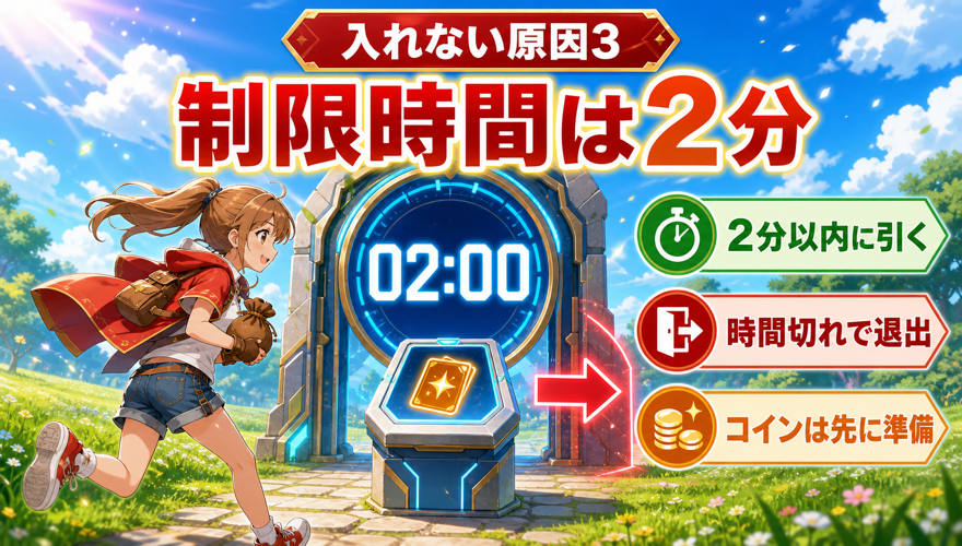オリくじ入場制限ガチャの2分制限を示す図解