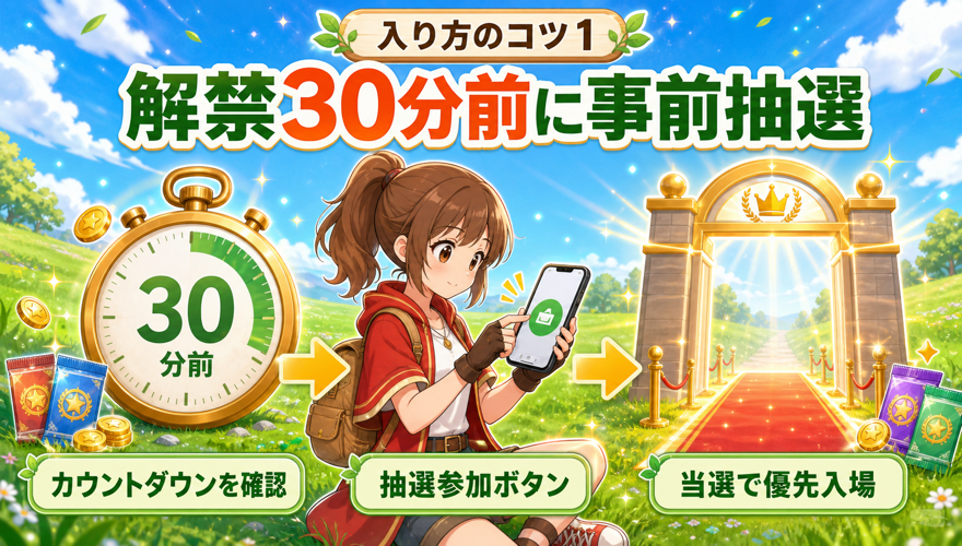 オリくじの事前抽選へ解禁30分前に参加する方法を示す図解