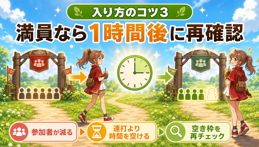 オリくじの入場制限が満員なら1時間後に再確認する方法を示す図解