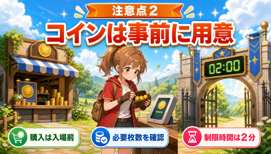 オリくじの入場制限ガチャ用コインを事前に用意することを示す図解