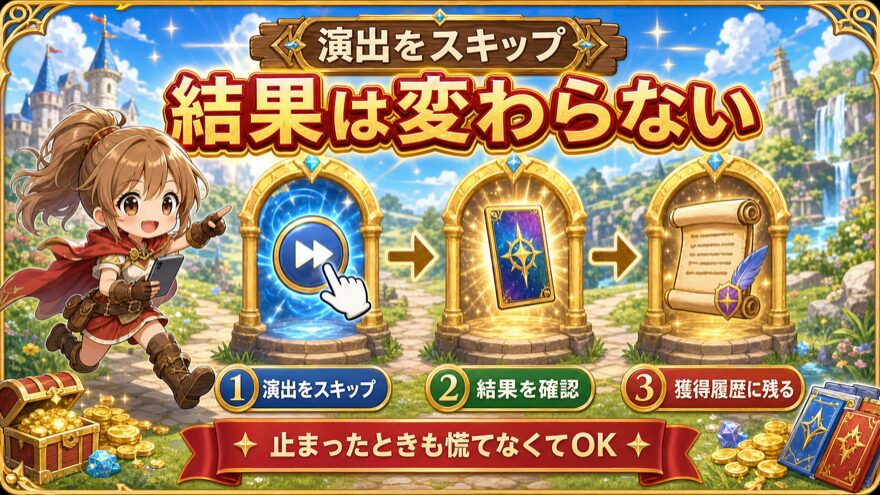 日本トレカセンターの演出をスキップして結果を確認する流れ