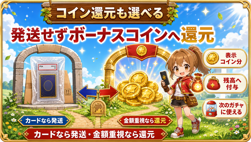 オリくじの何かのPSA10は発送せずボーナスコインへ還元できることを示す図解