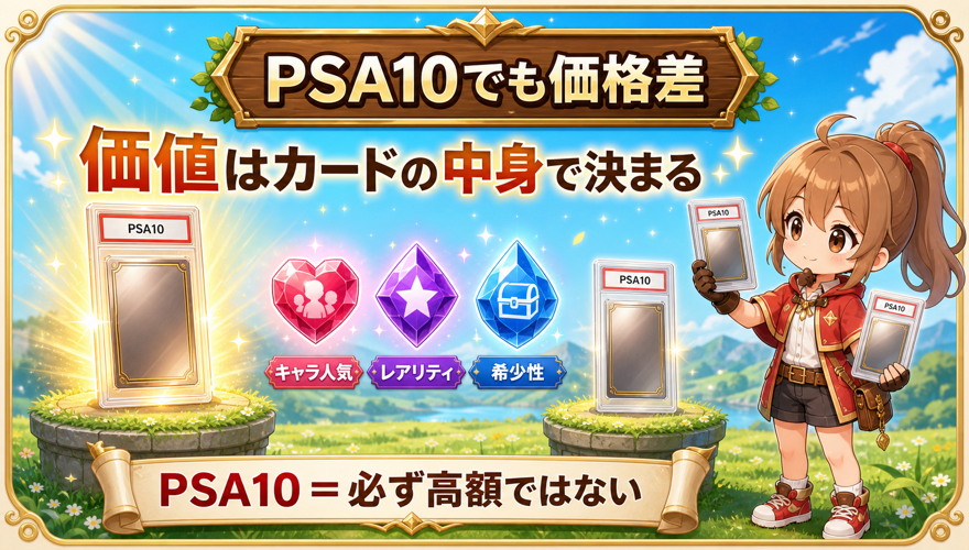 PSA10でもカードの人気・レアリティ・希少性で価格が変わることを示す図解