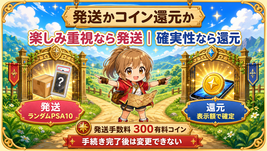 何かのPSA10の発送とコイン還元を比較する図解