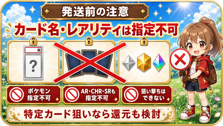 何かのPSA10はカード名やレアリティを指定できないことを示す図解