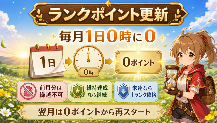 オリくじのランクポイントが毎月1日0時にリセットされることを示す図解