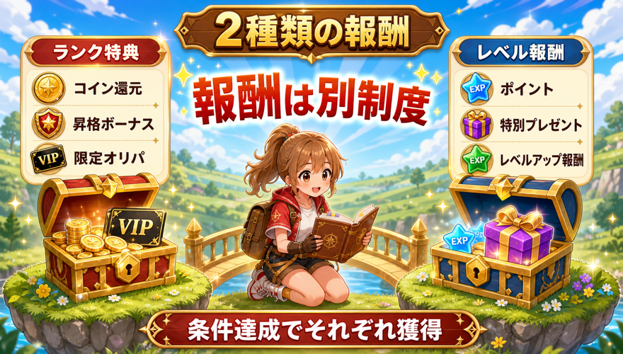 オリくじのランク特典とレベルアップ報酬が別制度であることを示す図解