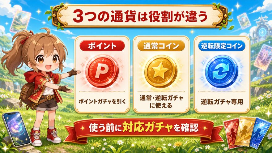 オリくじのポイント・通常コイン・逆転限定コインの違いを示す図解