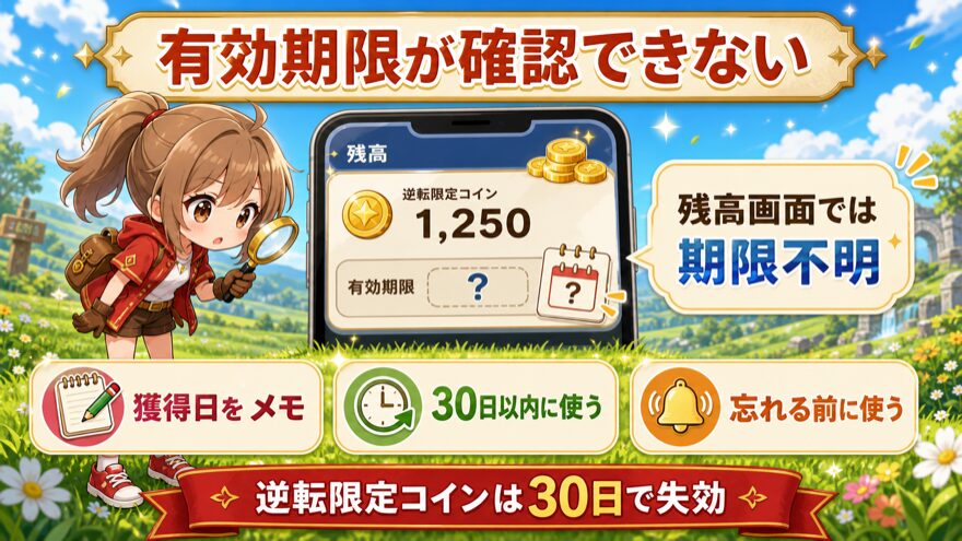 逆転限定コインの有効期限が残高画面で確認できない場合の対策図解