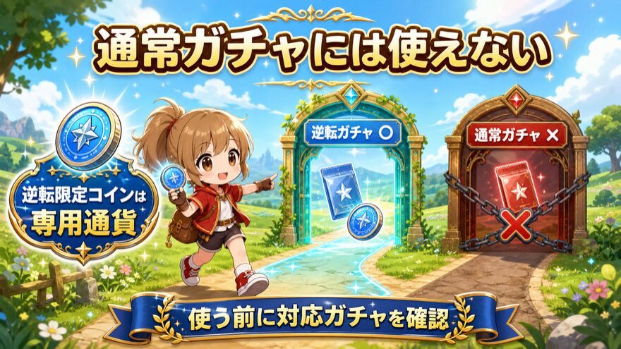 逆転限定コインは逆転ガチャ専用で通常ガチャに使えないことを示す図解