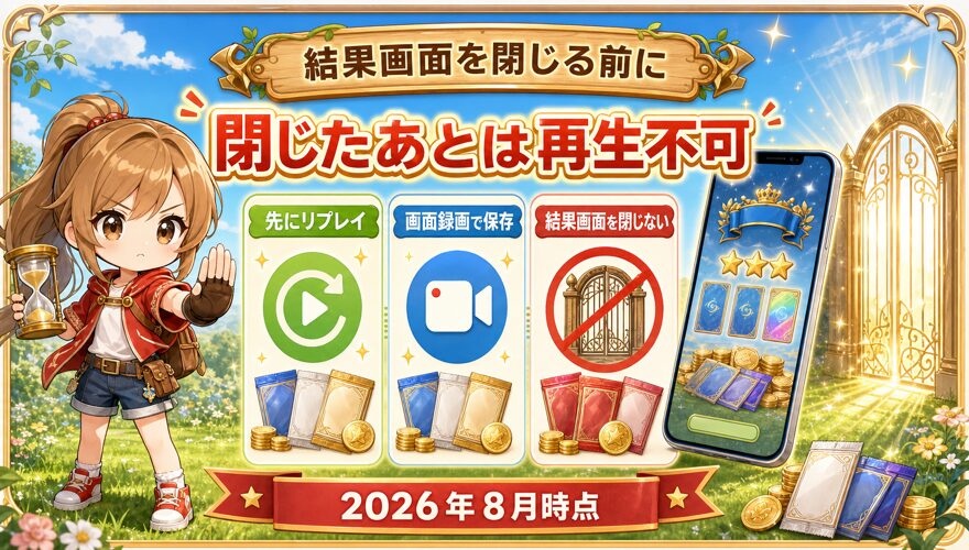 オリパワンの結果画面を閉じる前の注意点を示す図解
