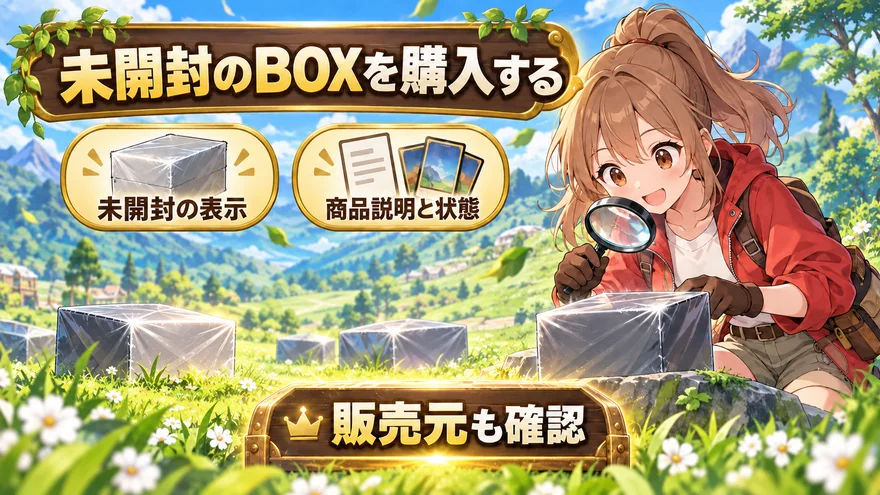 未開封のBOXを購入する。販売元も確認。未開封の表示。商品説明と状態