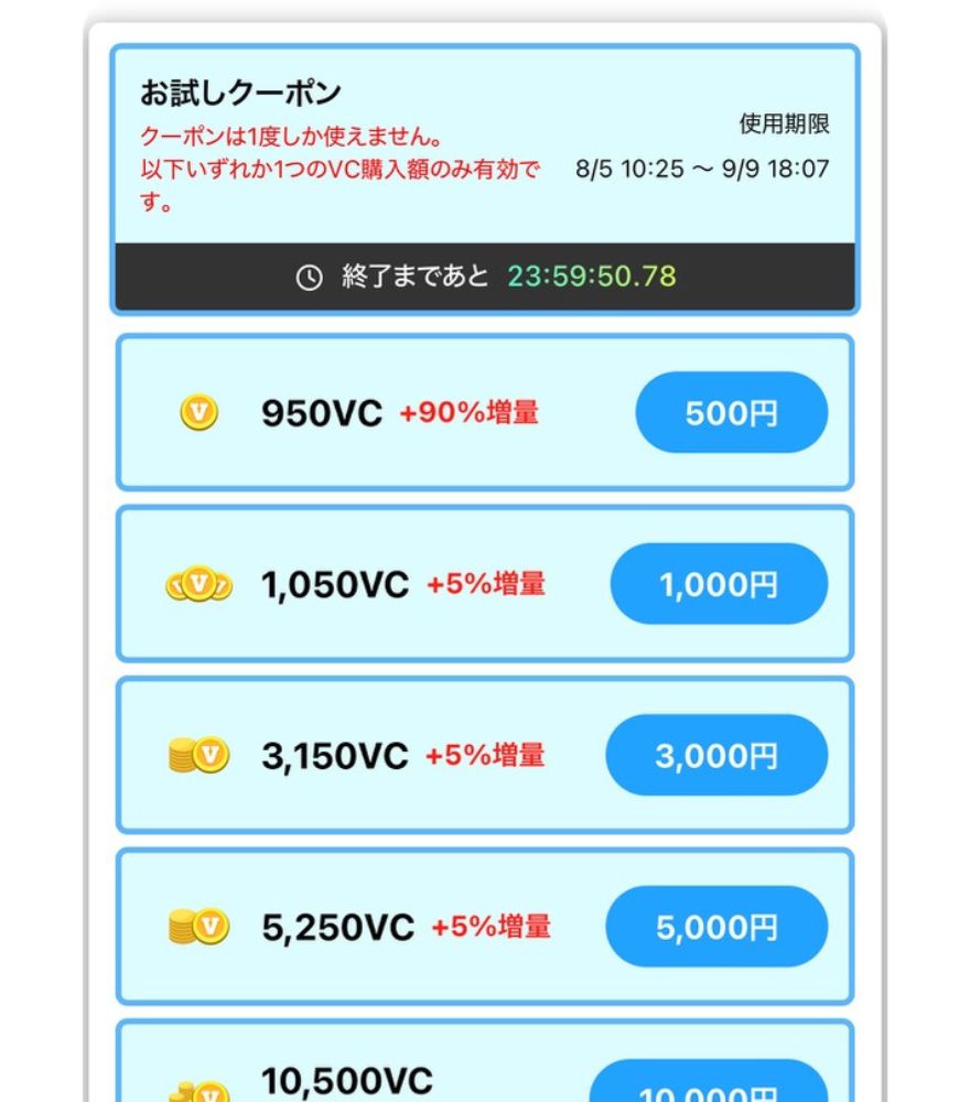 ビクトレのお試しクーポン適用後のVC購入画面（500円で950VC・90%増量）